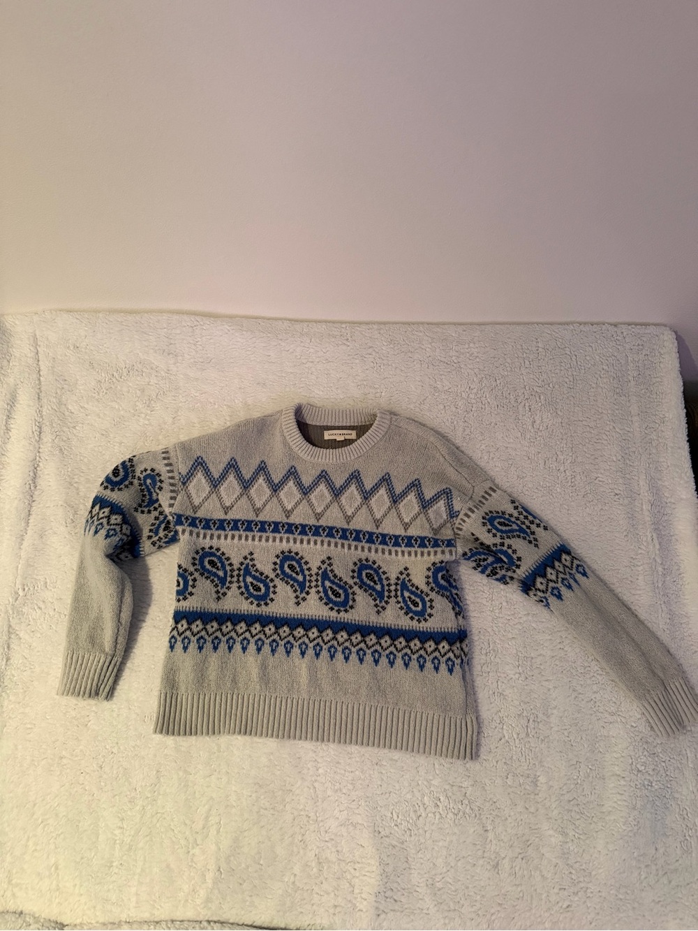 Lucky Brand Light Gray Crewneck Sweater with Blue Paisley Pattern